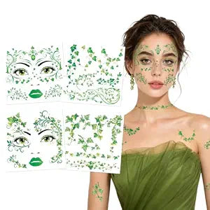 HOWAF Halloween Ivy Leaf Face Temporary Tattoos, 4 Sheets Green Vine Plant Face Stickers for Women Girls, Forest Nature Costume Accessories for Halloween Cosplay Party