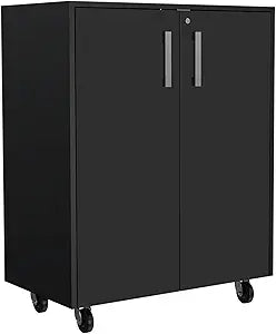 Tuhome Storage Cabinet with Casters, Double Door Design, Two Interior Shelves and Mobile Utility Storage for Garage, Laundry Room or Workspace Organization, Compact Freestanding Cabinet.