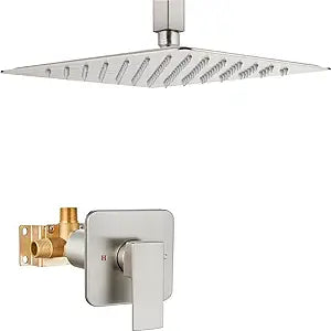 Heyalan Shower Faucet Set Square Stainless Steel Bathroom Rainfall Shower System One Handle Single Function Shower Trim Kit with Rough-in Valve Male Thread,Ceiling Mount,10 Inch,Brushed Nickel
