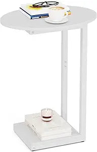 Hosfais Small Side Table End Table, C Shaped Oval Coffee Table, Wooden TV Tray for Living Room, Bedroom, Couch, Small Spaces (White)