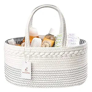 luxury little Diaper Caddy Organizer, Large Cotton Rope Nursery Baby Basket, Changing Table Organizer for Baby Diaper Storage, Portable Car Organizer Removable Divider (Off White, Large)