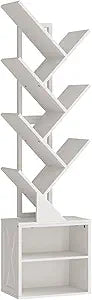 RALGEND Tree Bookshelf, 6 Tier Bookcase with 2 Storage Racks, Free Standing Wooden Bookcase, Floor Standing Book Shelf Organizer for Living Room, Bedroom, Study, Home Office, White 6701SJWT