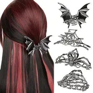 TEBIEKOY 4 PCS Gothic Black Spider Web Bat Skeleton Hand Hair Claw Clips