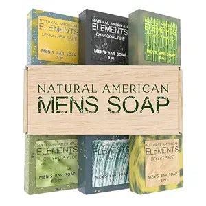 NATURAL AMERICAN ELEMENTS Men's Bar Soap - Masculine Scents, 100% Natural Soap for Men - Essential Oils, Organic Shea Butter - Made in USA, Body Wash - 5 oz (6pk)