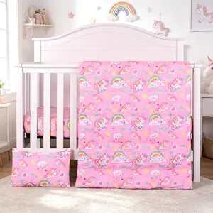JISEN 3 Piece Crib Bedding Set for Baby Girls Boys Pink Unicorns
