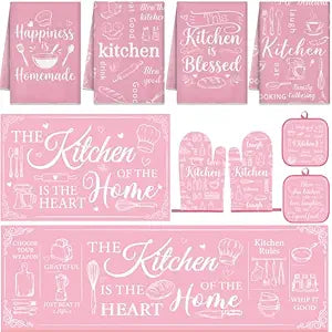 Pink Kitchen Accessories Set 10 Piece - Cute Baking Theme Kitchen Towels, Rugs, Oven Mitts and Pot Holders - Happiness is Homemade Retro Decor Gift for Baker, Mom, Women