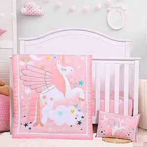 UOMNY Unicorn Crib Bedding Set for Girls Pink Baby Nursery Sets 3 Pieces