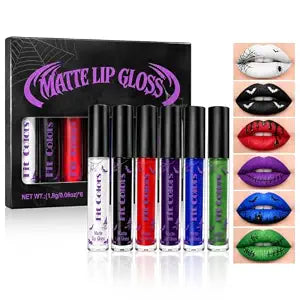 Black Blue Green Purple Red Lipstick Set for Halloween Makeup, Halloween Lip Gloss, 6pcs Matte Lipstick for Women, Waterproof Smudge Proof Lip Stain Makeup for Goth, Vampire, Cosplay