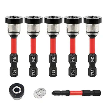 5pcs TEURSA Magnetic Drywall Screw Setter Bits Adjustable Depth PH2 Positioning Bits with Removable Aluminum Collar, S2 Steel Hex Shank for Sheetrock and Plasterboard Screws (5pcs 2")