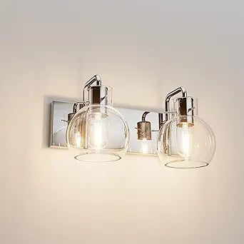 Tipace Chrome Vintage Bathroom Vanity Light,2 Lights Modern Stainless Steel with Globe Clear Glass Bathroom Light Fixtures Industrial Wall Mount Lighting Sconce(Exclude Bulb)