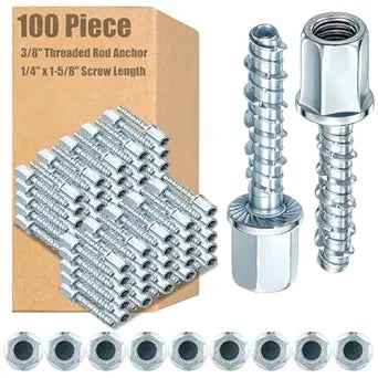 Yaocom 100 Pcs 3/8" Threaded Rod Anchor for Concrete, Vertical, Steel Zinc Finish, 1/4" X 1-5/8'' Screw Length, Concrete Anchors Vertical Anchor Screw, Threaded Rod Fitting