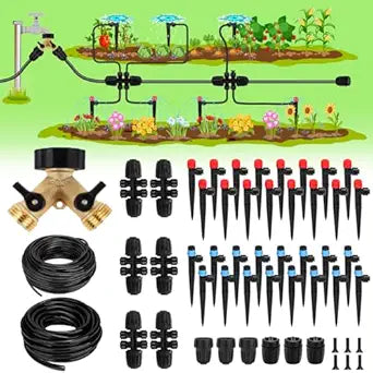 250FT Drip Irrigation System for Garden - 50FT 1/2" Main Tube & 200FT 1/4" Branch Tubing, Brass Splitter, Quick Connect Design, Perfect for Outdoor Plants, Raised Beds, Greenhouses