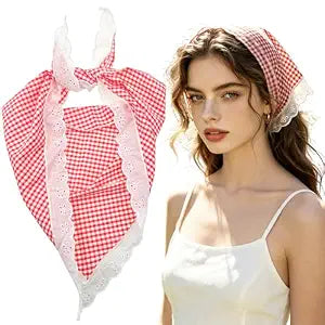 Red and White Gingham Plaid Bandana Head Scarf with Lace Trim, Triangle Hair Wrap