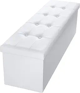 Camabel 43 Inch Folding Storage Ottoman Bench 120L Hold up 700lbs Ottoman with Storage Chest Foam Seat Padded Foot Rest Stool Faux Leather Bedroom Bench Coffee Table White