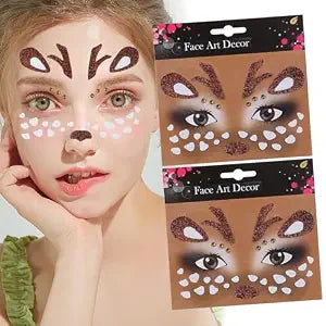 Cute Deer Face Stickers Christmas Deer Face Gem Stickers Glitter Antlers Temporary Sticker Animal Eye Sticker Red Diamonds Design Children Adult Face Eye Accessories for Christmas Makeup Party(A)