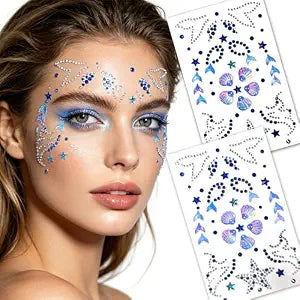 50pcs Blue Mermaid Face Gems Stickers, Summer Self Adhesive Rhinestone Face Jewels Waterproof Shell Starfish Star Crystal Face Stickers for Rave Festival Halloween Carnival Party Makeup
