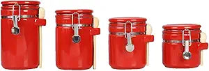 Canister Sets For The Kitchen (4 Piece Set) Red, High Gloss Ceramic | By Home Basics | Decorative | With Wooden Spoons, Countertop Set For Flour, Sugar, Coffee, and Snacks