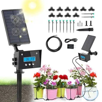 Solar Drip Irrigation System, Automatic Irrigation System for Outdoor Gardening2200mA Battery and rain Sensing Function,for courtyards, Balconies, Gardens, 10 Potted Plants