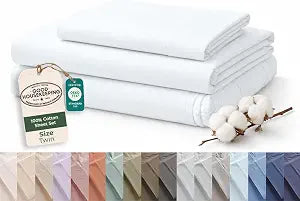 ROYALE LINENS 100% Organic Cotton Twin Sheet Set - 16" Deep Pocket Bed Sheets - Eco Friendly White Bed Sheets - S��banas Twin - 1 Flat, 1 Fitted & 1 Pillowcases - White Sheet Set - Cotton Bedding Sets