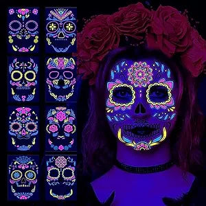 Halloween Temporary Tattoos Day of the Dead Stickers for Women Men Face Decoration Glow In The Dark Tattoo UV Neon For Halloween Party Makeup 8 Large Sheets Tattoo Decals