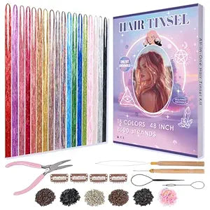 Hair Tinsel 18 Colors Fairy Hair Tinsel Kit Gift 8600 Strands 48Inch