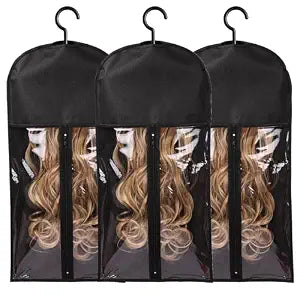 3PCS Hair Extension Holder Wig Storage Bags with Hanger Wig Holder for Multiple Wigs Hanger Dust-proof Storage Organizer with Hook Hair Extensions, wigs & accessories (Black)