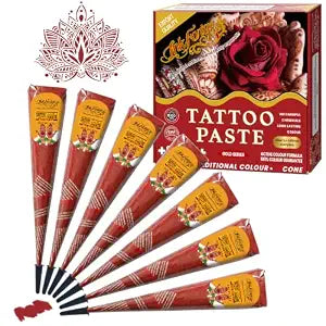 7 Pcs Temporary Tattoo Cone Kit, Cherry Red Tattoo Cones with Natural Vibrant Color, India Body Art Skin Paint Tattoos Paste for Women, Men & Teens, Perfect for Festivals, Party & Gifts
