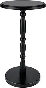 SANY DAYO HOME 12" Real Wood Round Drink Table, Small Pedestal Side Table with Decorative Beaded Design, Accent End Table for Living Room and Bedroom, Black