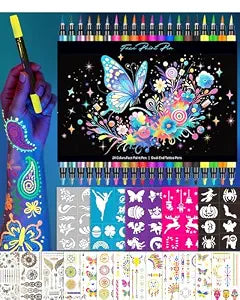 Temporary Tattoo Markers for Skin, 20 Pcs Dual-Tip UV & Matte & Glitter Tattoo Pens, Skin-Safe Body Markers with Tattoo Stencils & Stickers, Washable Glow in the Dark Markers for Kids Teens