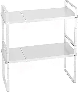 iPEGTOP Expandable Cabinet Storage Shelf Organizer Rack, 2 Pack Heavy Duty Steel Metal Spice Rack Adjustable Height Garage Pantry Shelf Space Riser for Counter Kitchen Organization, White