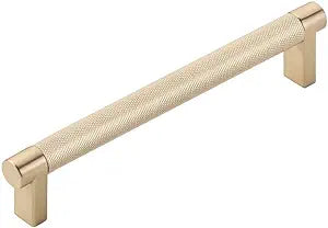 Emtek Select Knurled Cabinet Pull with Satin Brass (US4) Stem Finish - Choice of Size - 84055.RECUS4.KNUS4 - Center-to-Center: 6"