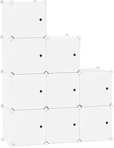 C&AHOME Cube Storage Organizer with Doors, 9-Cube Shelf, Closet Cabinet, DIY Plastic Modular Bookshelf, Storage Shelves Ideal for Bedroom,Living Room,36.6L x 12.4W x 36.6H Milky USHS3009M-DOOR