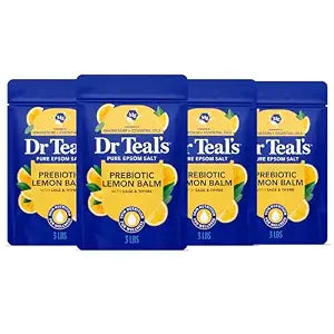 Dr Teal's Pure Epsom Magnesium Salt Soak, Prebiotic Lemon Balm & Essential Oil, 3 lbs (Pack of 4)