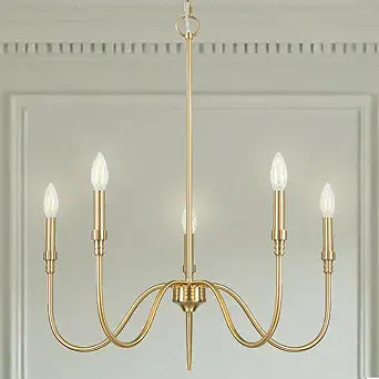 5 Light Farmhouse Brass Chandelier Light Fixture, Modern Pendant Lighting for Kitchen, Dining & Living Room, Brushed Gold Finished