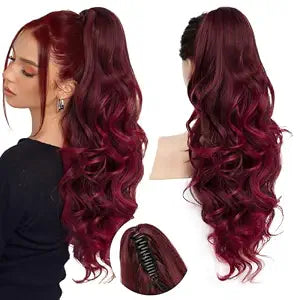 24''Long Wavy Ponytail Extension, Burgundy Ombre Claw Clip Hair Piece