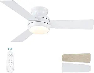 42 Inch Ceiling Fans with Lights and Remote, Low Profile Ceiling Fan with Light Flush Mount, Reversible, 6 Speeds, 3CCT Dimmable White Ceiling Fan for Bedroom Dinning Room Indoor