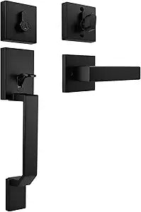 Matte Black Front Door Handle and Deadbolt Set, Exterior Door Handleset with Interior Reversible Lever, Single Cylinder Front Door Entry Lock Set, Front Door Handles and Locks