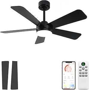 GESUM 40 Inch Ceiling Fans with Lights, Outdoor Ceiling Fan with APP and Remote Control, Reversible, 6 Speeds, 3CCT Dimmable, Black Ceiling Fan with Light for Living Room Bedroom (Black)