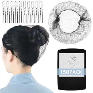 150Pcs Hair Net Black Set - 24 inches Invisible Elasticity Elastic Mesh Nylon Hair Net 144 Pcs - Kitchen Food Service Worker, Ballet Bun,with 10pcs U Shaped Hair Pins 2.4inch
