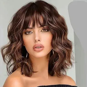 Lativ Brown Highlight Wig with Bangs for Women Short Bob Curly Wavy Hair