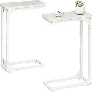 QEEIG Narrow C Shaped Side Table Set of 2 Living Room Sets Slim Couch Tray Tables Skinny Thin Small Modern 7 inch Width, White (017-18WW)