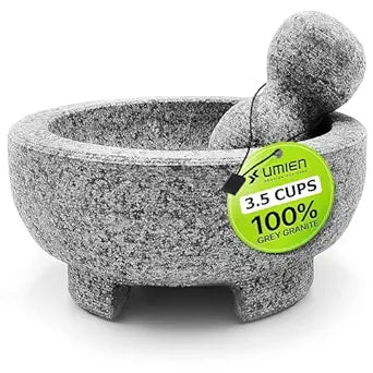 Umien Granite Mortar and Pestle Set - 8-Inch Natural Stone Molcajete with Avocado Tool - 3.5 Cup Capacity for Spices, Herbs, Pestos & Guacamole - Premium Kitchen Gift (Grey)