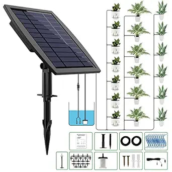 Solar Automatic Drip Irrigation Kit System, JIYANG Solar Powered Auto Easy DIY Watering Device Supported Pots Plants, 12 Timing Modes with Anti-Siphoning Device (Supported 20-30 Pots, 12Timing Modes)
