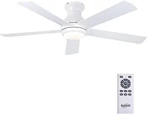 52" Flush Mount Ceiling Fans with Lights and Remote Control, Brushed Nickel, 6 Speeds Reversible DC Motor, 5 Blades Low Profile Ceiling Fans LED Light for Bedroom/Living Room (White)