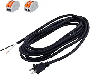 12FT Replacement Power Cord 2 Prong 16 AWG Polarized Open End Wire 13A 1625W Replace Old 120V AC Power Supply Pigtail Cords 2C Wire SJT 16 Gauge Repairing Round Cord Black