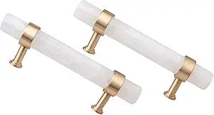 mookaitedecor Set of 2 Brushed Brass with Rock Quartz Crystal Drawer Knobs, Kitchen Cabinet Handles Pulls Door Knobs for Dresser Cupboard Hardware, 5.9 Inches