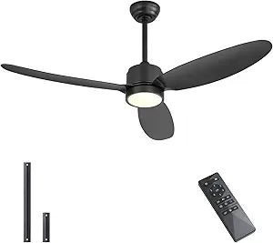 WINGBO 52" Outdoor Ceiling Fans with Lights, Wet Rated Waterproof Indoor Ceiling Fan with Remote, 3 ABS Blades Modern Ceiling Fan,3CCT Quiet 6-Speed DC Motor, for Porch Patio Bathroom, Black