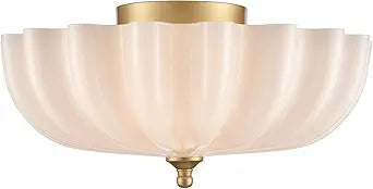 Gold Ceiling Light Fixture Brass Bedroom Flush Mount Ceiling Light Modern Gold for Entryway Bathroom Living Room Milky Glass Flower Scalloped Shade
