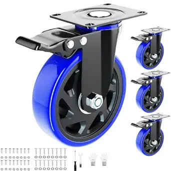 6 Inch Swivel Caster Wheels, Casters Set of 4 Heavy Duty with Brakes, Plate Casters No Noise Locking Castor with Polyurethane Wheels for Cart, Furniture,Workbench,Cabinet(Two Hardware Kits Include)
