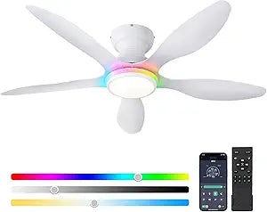Ceiling Fans with Lights, 46 inch Modern Low Profile Ceiling Fan with Light and Remote App Control, Flush Mount, Quiet DC Reversible, RGB Led Ceiling Fan for Bedroom Kitchen Indoor/Outdoor Patio White